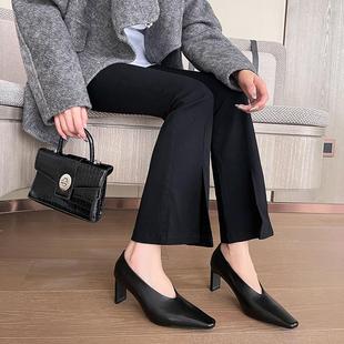 2025春季 浅口单鞋 新款 名媛通勤方头6cm高跟鞋 女 法式 头层小牛皮