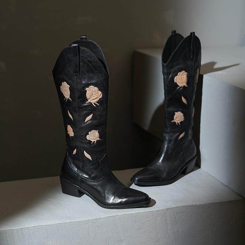 进口水洗马皮~真皮大底V口西部靴女2024秋季新款骑士靴不过膝长靴