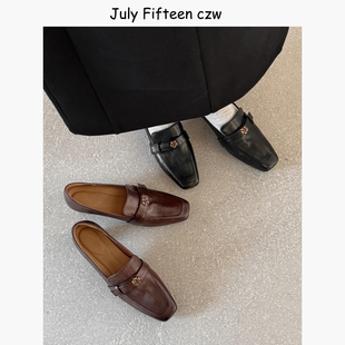 老钱风单鞋 女山茶花扣高跟鞋 英伦方头粗跟乐福鞋 头层牛皮2026新款