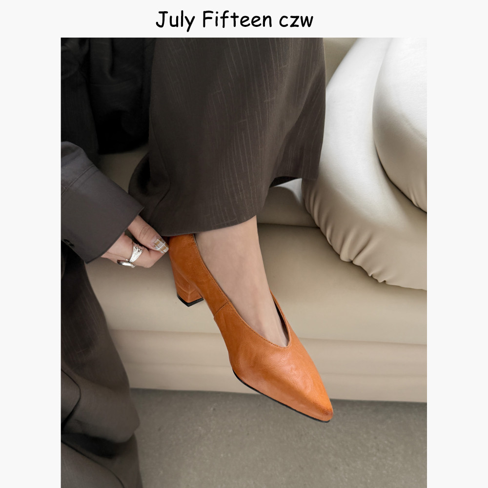 头层羊皮法式尖头粗跟浅口单鞋女2026春新款通勤气质不累脚高跟鞋