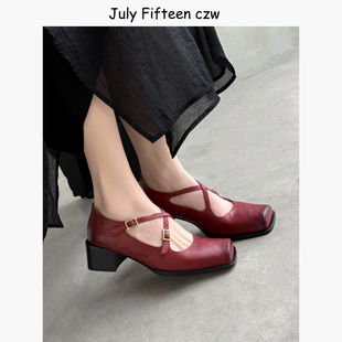 猪鼻鞋 2026新款 百搭单鞋 女交叉带中跟芭蕾舞鞋 复古方头玛丽珍鞋