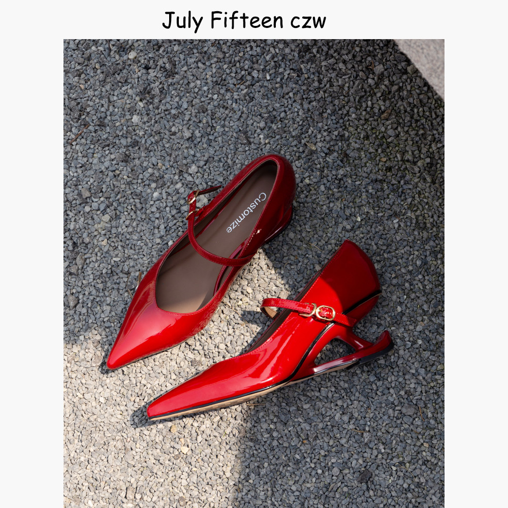 【July Fifteen】2025新款法式尖头坡跟一字扣带玛丽珍鞋女高跟鞋