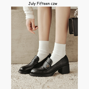 羊皮单鞋 百搭通勤小皮鞋 女2026新款 英伦复古圆头粗跟山茶花乐福鞋