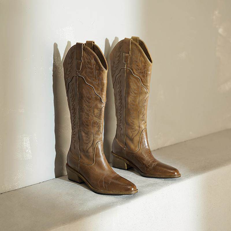 进口水洗马皮~真皮大底V口西部靴女2024秋季新款骑士靴不过膝长靴