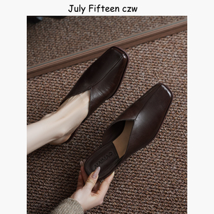 女外穿低跟一脚蹬凉拖 简约气质风包头半拖鞋 水洗小牛皮 2026新款