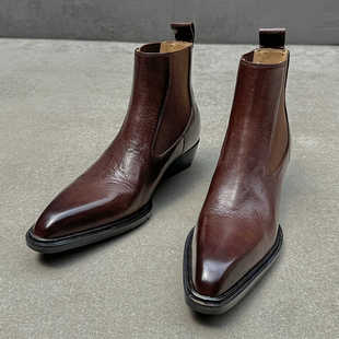 切尔西靴女3.5cm粗跟尖头马丁靴短靴 新款 进口头层牛皮 2024秋季