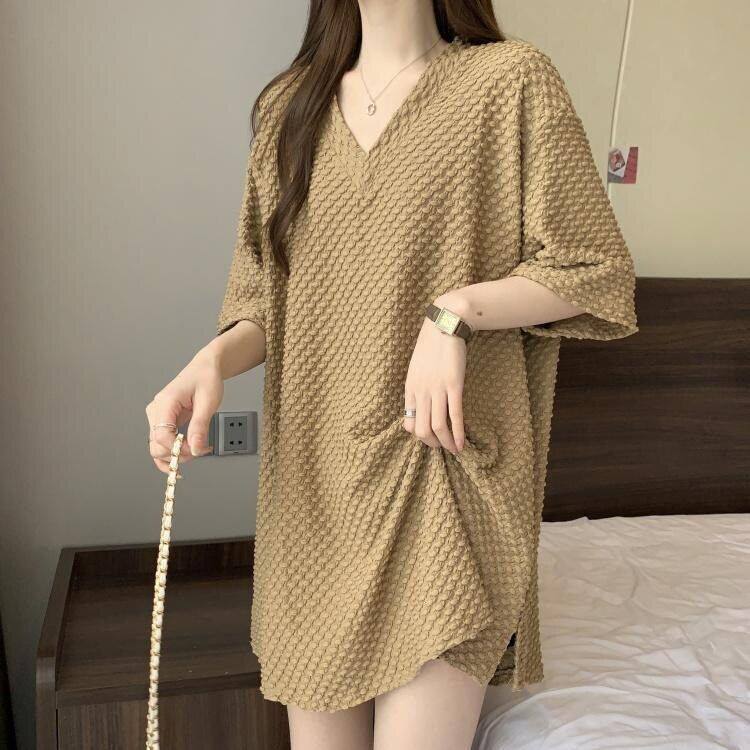 亚麻套头宽松型女士大码宽松短袖T恤胖MM休闲慵懒风中长款V领