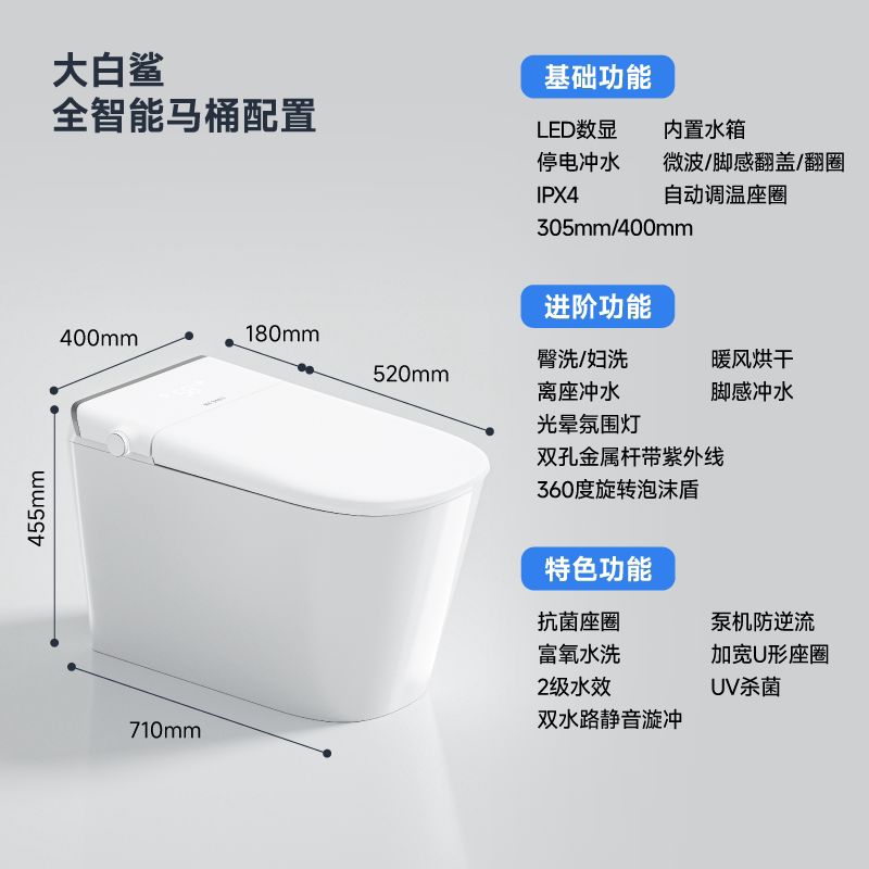 RESMO瑞摩大白鲨0压全智能马桶泡沫盾无唇边一体坐便器自动冲洗