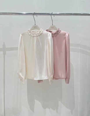 早春新品钉珠木耳边立领气质百搭衬衫  82683#  YAN