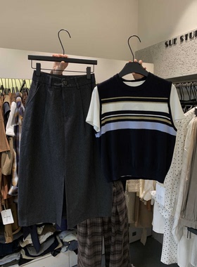 秋上韩系休闲简约百搭前开衩高腰半身裙  M79013