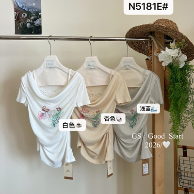韩系晕染刺绣假两件休闲短袖小衫N5181E