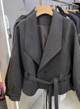 冬上新翻领一粒扣设计极简风短外套(配腰带)  06338#  YAN