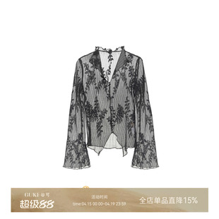 GKE/谷可C3039印花褶皱长袖醋酸纤维衬衫女宽松显瘦百搭刺绣上衣