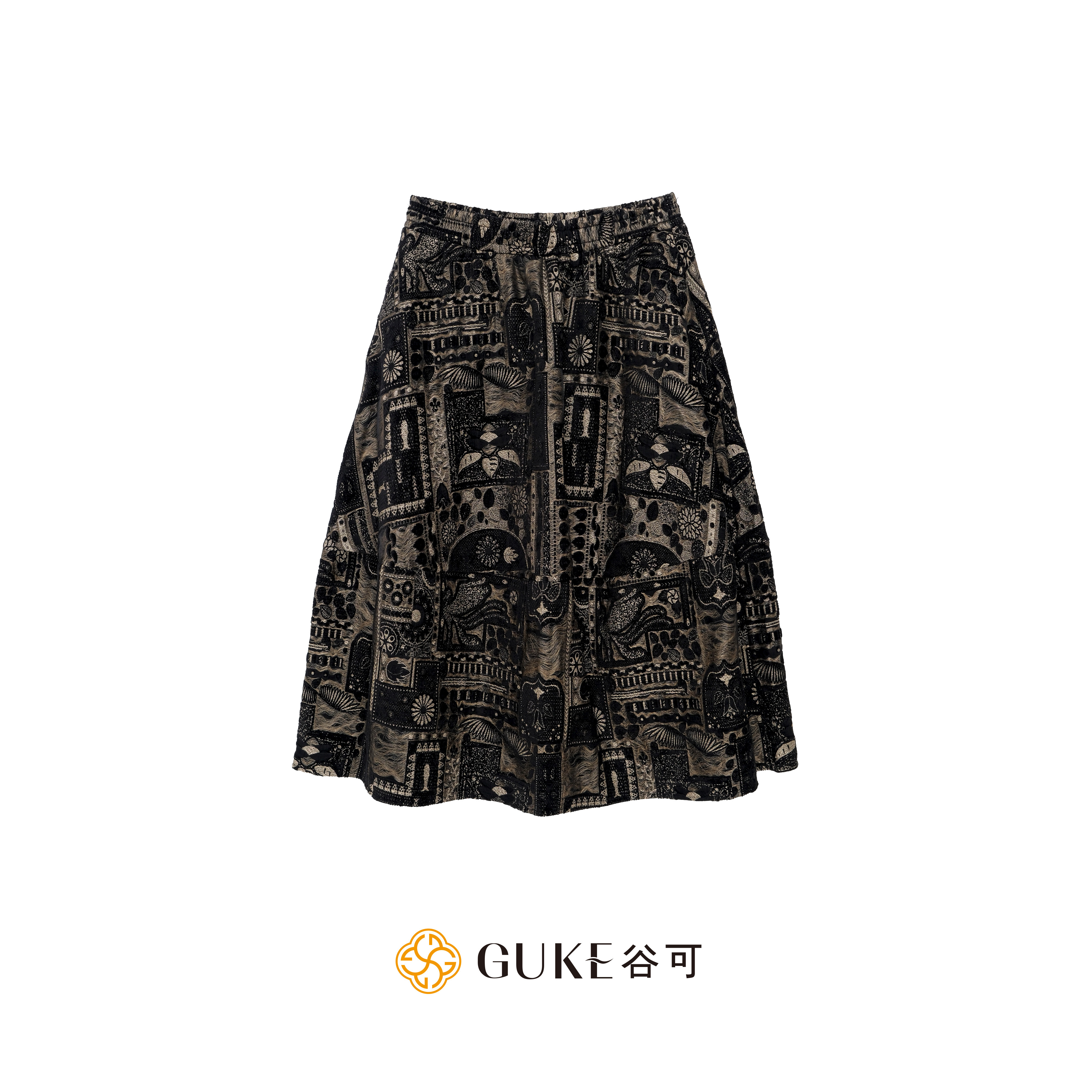 GKE/谷可TQ6158民族风印花半身裙女高腰松紧腰中长款百搭复古裙子