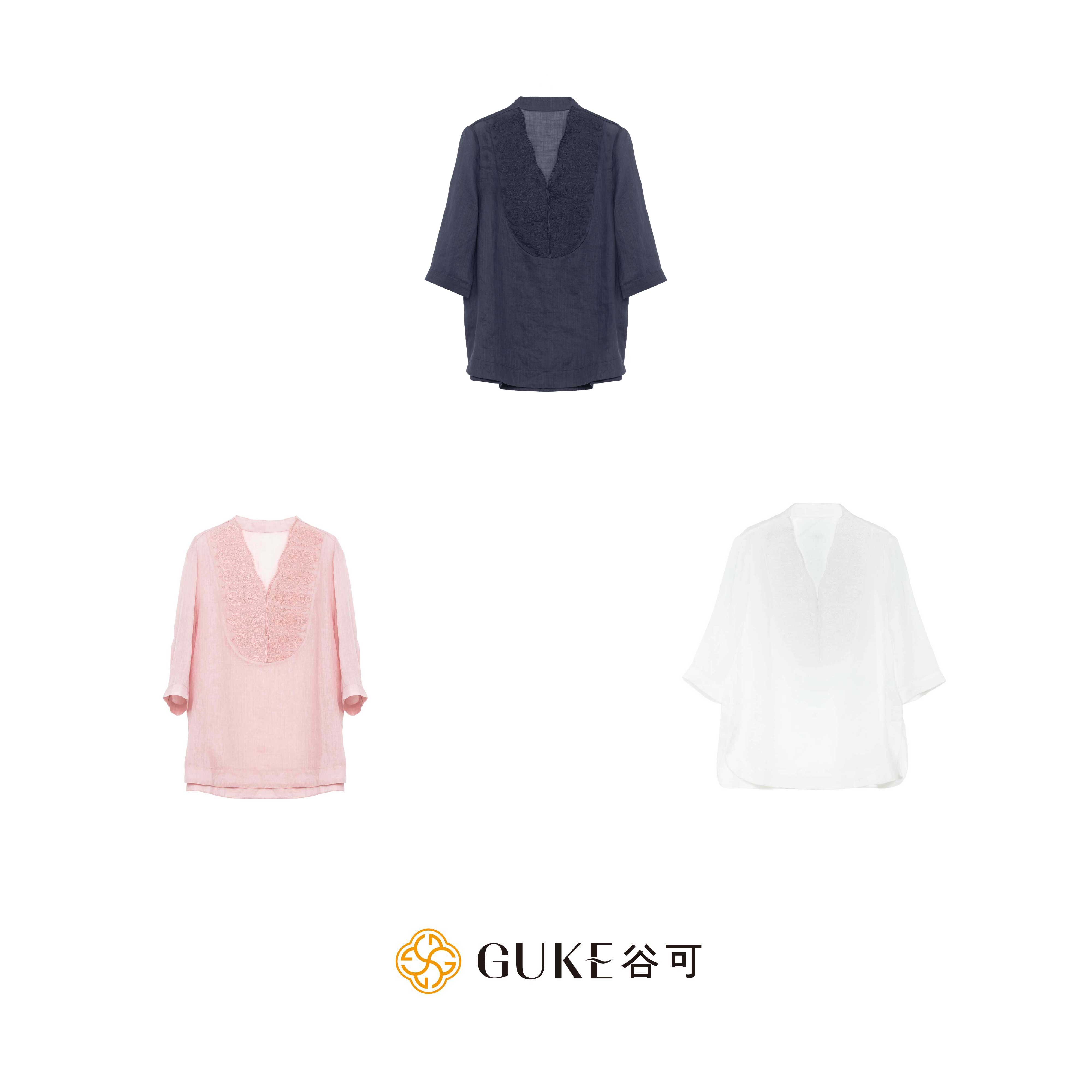 谷可苎麻刺绣七分袖衬衫女夏季