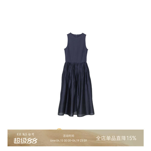 谷可纯棉无袖藏蓝显瘦通勤连衣裙