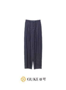 GKE/谷可k1259高腰休闲直筒裤女春藏蓝色苎麻垂感通勤百搭阔腿裤