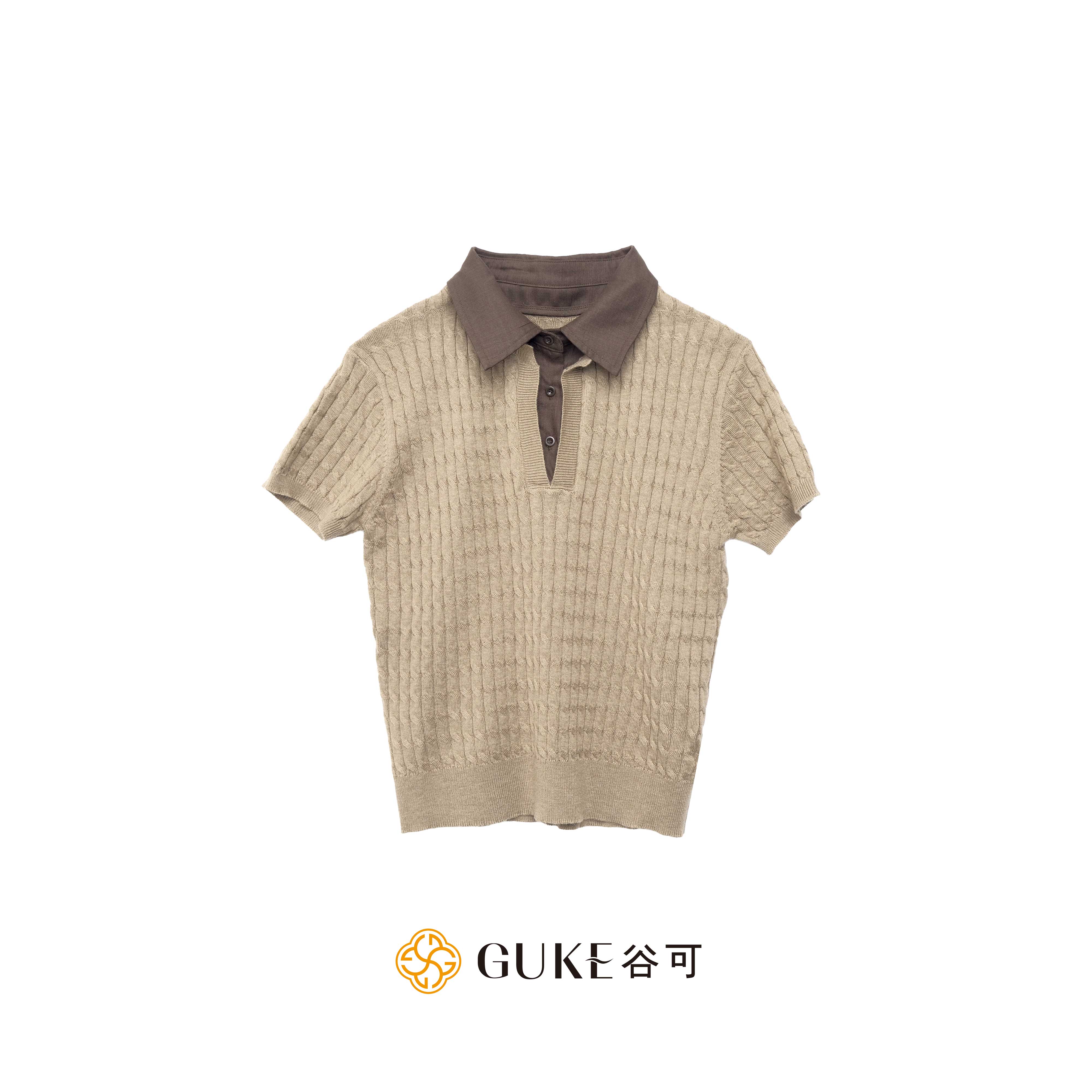 谷可秋季女翻领短袖麻花针织衫
