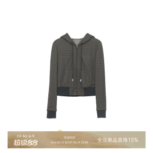 GKE/谷可S1151军绿色条纹连帽卫衣女宽松拉链百搭休闲针织衫