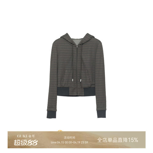谷可军绿条纹连帽拉链卫衣女