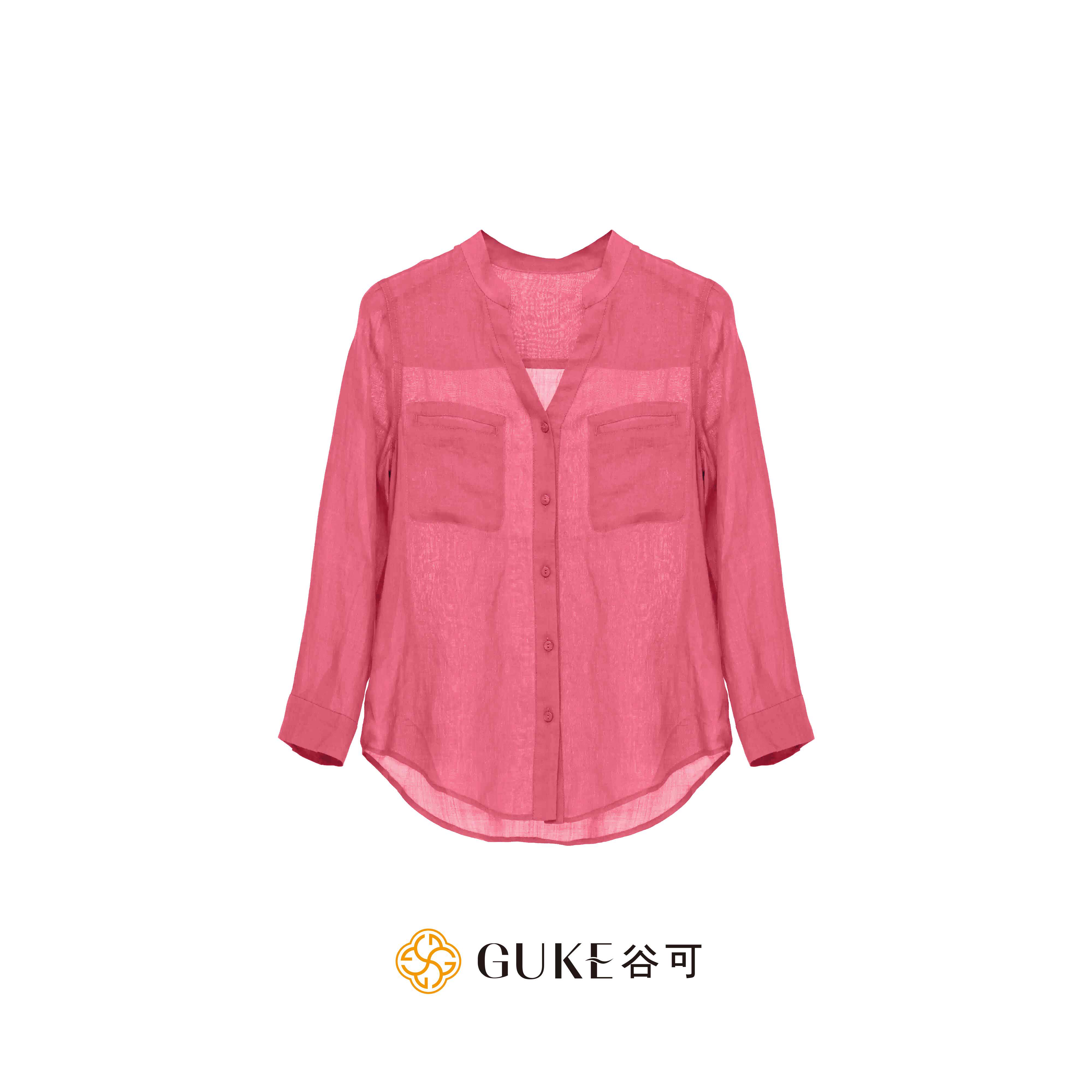 GKE/谷可C1050极简风长袖苎麻衬衫女V领口袋休闲百搭显瘦薄款上衣