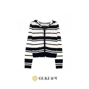 GKE/谷可MS6019条纹撞色连帽拉链针织开衫女夏装薄款套头毛衣