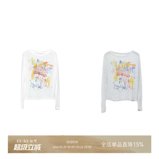 GKE/谷可TC181涂鸦印花长袖T恤女休闲宽松防晒罩衫百搭上衣
