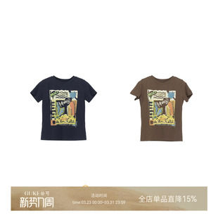 潮牌T恤女圆领修身 复古印花短袖 显瘦上衣 谷可TC2233美式 GKE