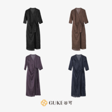GKE谷可LQ1087亚麻连衣裙女2025夏季新款V领系带法式小众设计长裙