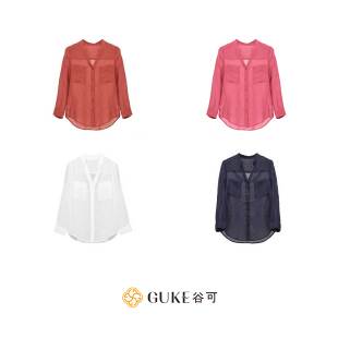 女V领口袋休闲百搭显瘦薄款 苎麻衬衫 上衣 谷可C1050极简风长袖 GKE