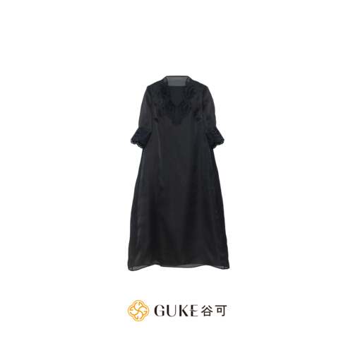 GKE/谷可LQ1280优雅真丝绣花连衣裙女四分袖直筒长裙垂感气质裙
