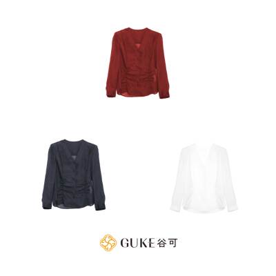 谷可苎麻V领修身褶皱长袖衬衫