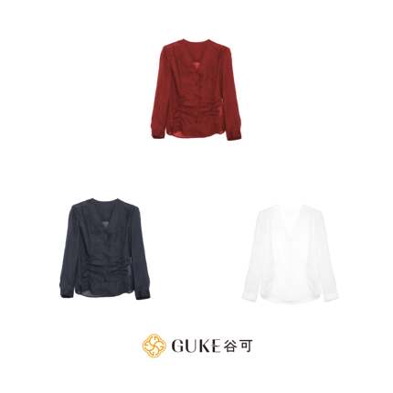 GKE/谷可C1293轻熟简约风V领长袖衬衫女修身收腰褶皱苎麻上衣