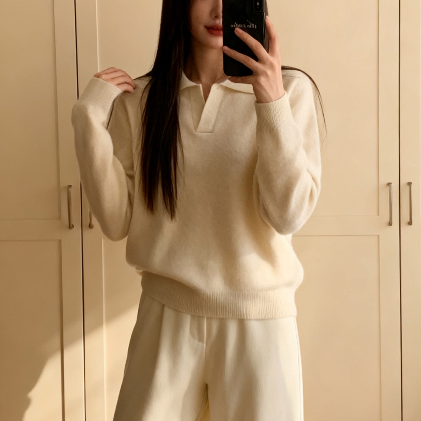 小翻领polo领简约风灰色羊绒衫女100纯羊绒针织衫女套头毛衣上衣