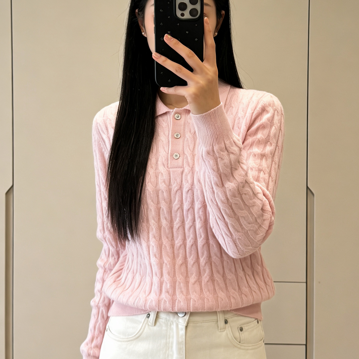 绞花小翻领POLO领100%羊绒衫女长袖麻花纹套头针织衫修身显瘦