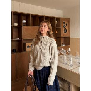 川川也麻花亨利领慵懒毛衣休闲设计感男女秋季简约套头针织衫上衣