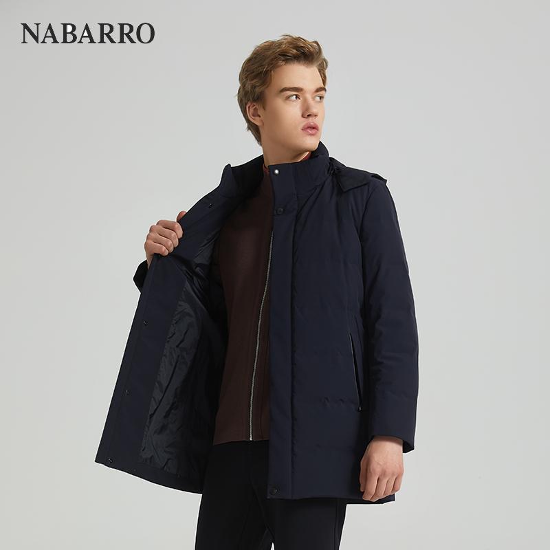 男士冬日商务休闲藏蓝色保暖连帽白鹅绒羽绒服外套鹅绒服