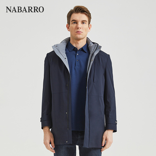 纳巴罗藏蓝色连帽可拆卸内胆商务休闲保暖中长款鹅绒服