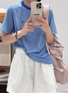 JTENGC吉藤 2024夏季新款刺绣小标圆领短袖宽松条纹T恤女上衣6196