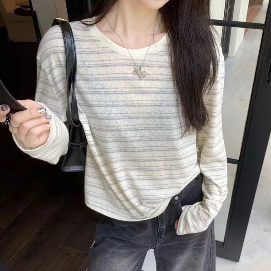 runxi闰熙2026秋季新款时尚简约百搭圆领长袖宽松条纹T恤女上衣潮图片