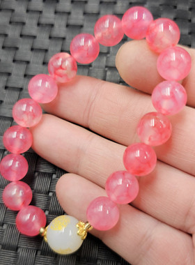 粉冰花玛瑙圆珠玉石手链芙蓉粉