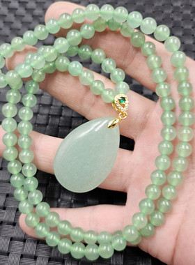 东陵玉圆珠玉石项链草绿色水滴款