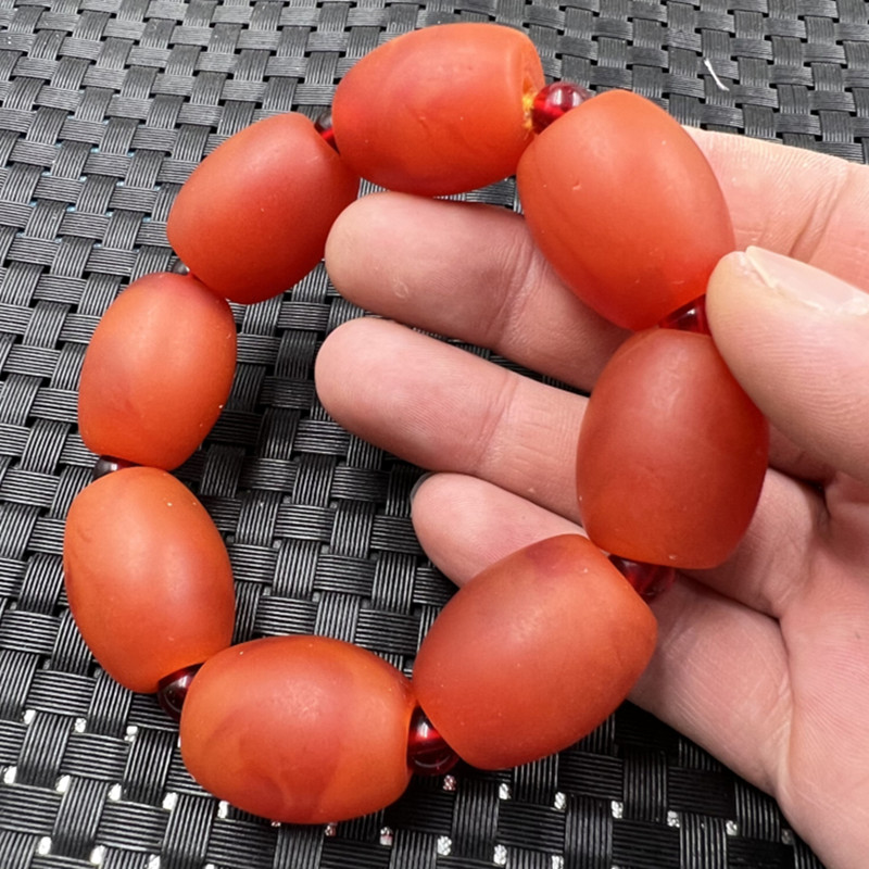 荧光浮盐水蜜蜡鼓型手链二代蜜蜡路路通手链橘红色文玩老蜜蜡手串