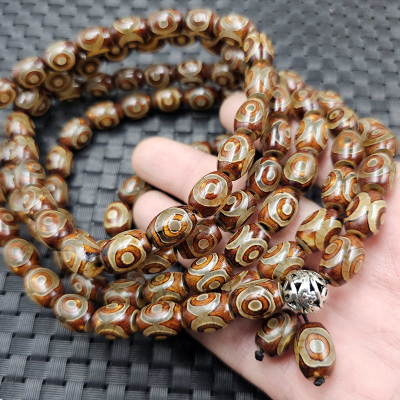 黄三眼天珠玉石手链10*14毫米108颗多圈手链手持佛珠手饰项链