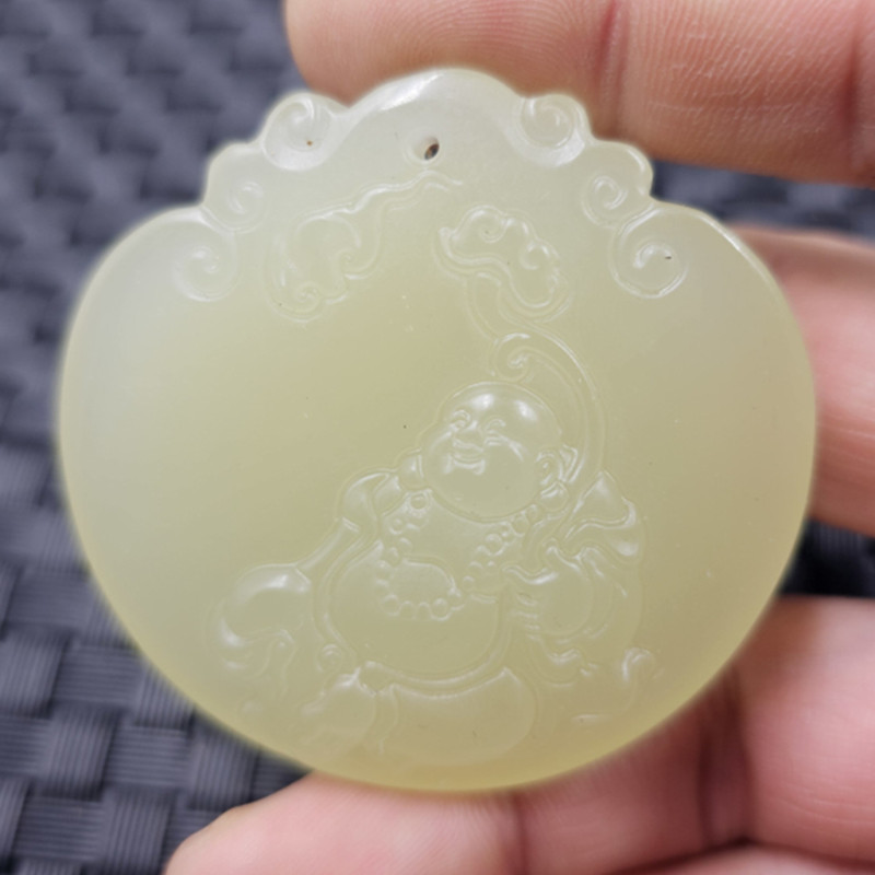 仿新疆和田玉弥勒佛仿玉石挂件青白色笑佛吊坠玉牌子玉佛玉坠玉牌