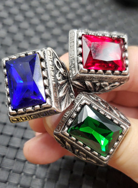 冰种锆石方形玉石戒指宝蓝色锆石戒指鸡血红切面戒指饰品戒指