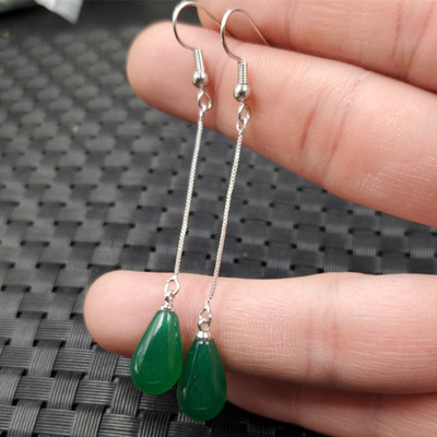 玉石耳环碧绿色语速水滴耳环玛瑙玉髓水滴耳线玉耳坠玉耳环玉耳饰