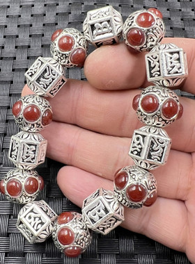 饰品手链藏银圆珠手链描银路路通手链合金手链文玩复古手链手串