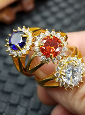 冰种锆石玉石戒指宝蓝色锆石切面戒指鸡血红镶钻戒指男女款戒指