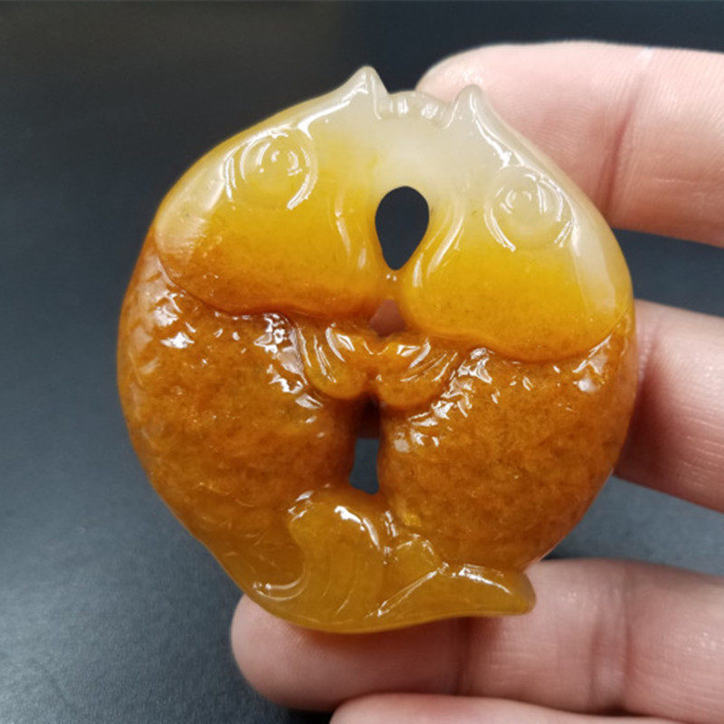 高档精美 天然玉石a货黄龙玉双鱼挂件连年有余吊坠可做车挂
